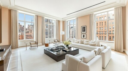 Fototapeta premium Luxurious Manhattan apartment living room, city view