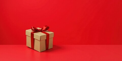 A single kraft gift box with a vibrant red ribbon, elegantly presented against a solid red backdrop, symbolizes celebration and thoughtful gifting.