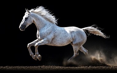 White horse running in a dark field, dynamic action shot, for use in advertising
