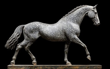 Detailed sculpted horse statue, side view, black background, for art or home decor