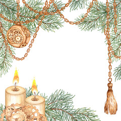 Fir branches, chains, pendants, ball and candles Christmas banner watercolor illustration. Frame, border with winter plants isolated from background. Pine, fir, juniper, evergreen.