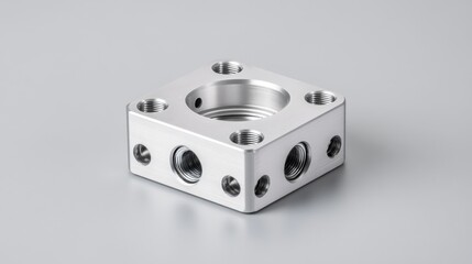Fototapeta premium Precision Engineered Aluminum Square Component with Multiple Ports for Industrial Applications