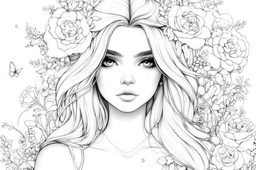 Fototapeta premium Portrait beautiful girl with flower. Sketch for coloring book