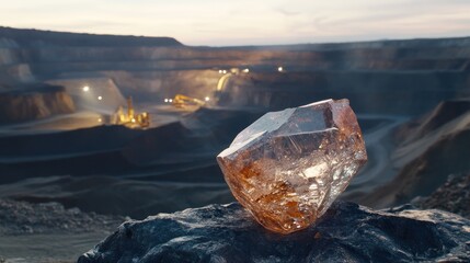 Obraz premium Rough diamond, mine backdrop, sunset, mining, industry