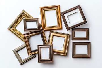 A diverse collection of ornate picture frames scattered on a white background creates an inviting and artistic display for showcasing memories and cherished moments.