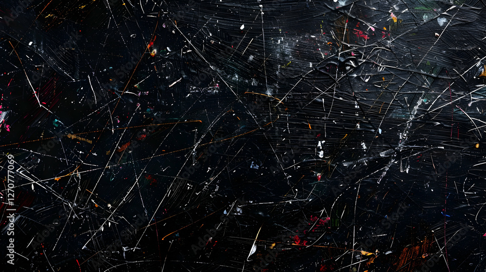 Poster abstract dark texture with colorful splashes and scratches, creating a dynamic background for design