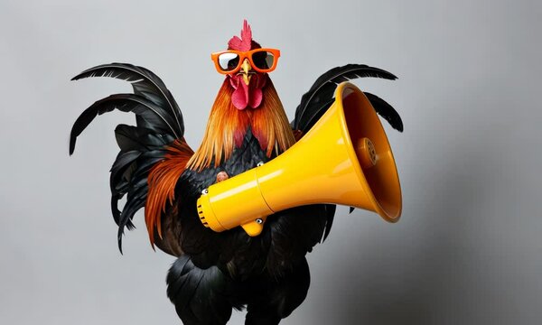 Cool rooster in sunglasses holding megaphone. Marketing, sale, discount concept