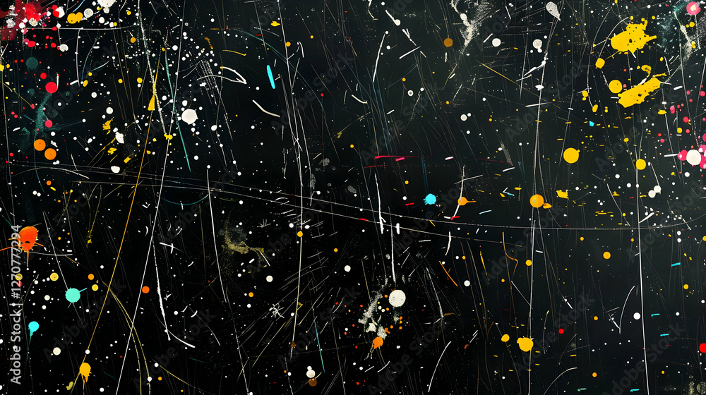 Poster abstract splatter art on a dark background showcasing vibrant colors and dynamic patterns
