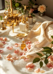 Spa still life with rose petals and aroma oil on bathtub. Luxury Bath Ritual