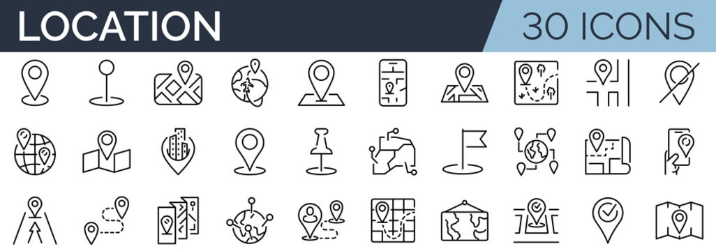 Set of 30 outline icons related to location. Linear icon collection. Editable stroke. Vector illustration	
