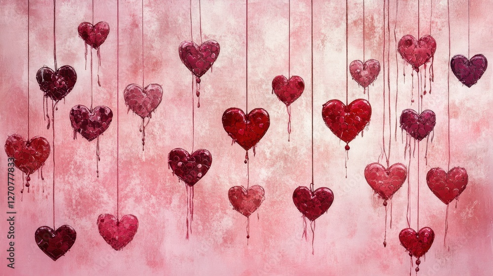 Poster Hanging hearts in various shades of red and pink, displayed against a light rose-pink background. Romantic and festive