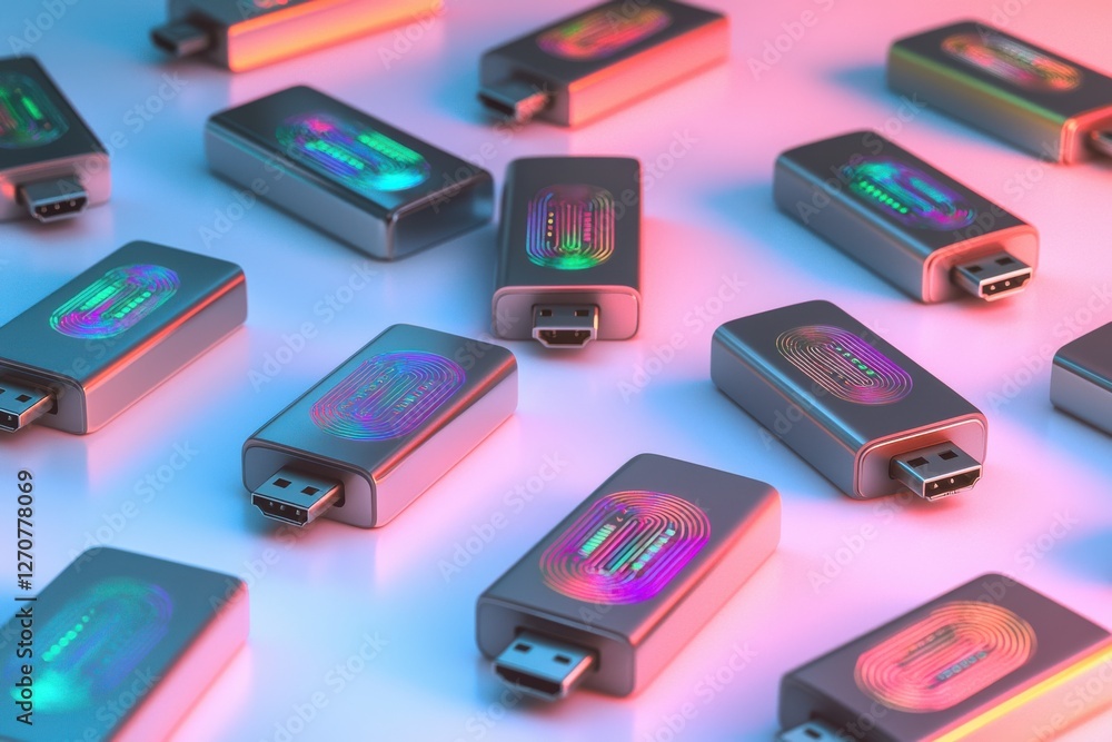 Poster a futuristic array of usb sticks glowing with neon light patterns, reflecting modern technology and 