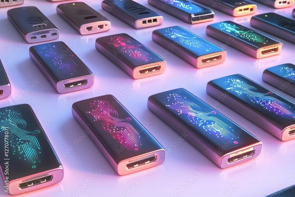Poster a vibrant array of modern usb hubs featuring intricate circuit designs illuminated with neon colors,