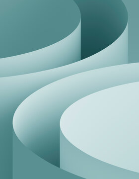 Curved shapes in soft teal hues form an abstract arrangement embodying minimalism and tranquility