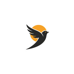 Black Silhouette Bird in Flight Over Yellow Circular Background Illustration