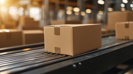 A cardboard box on a conveyor belt in a warehouse setting, with warm lighting highlighting the surroundings.