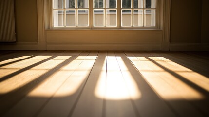 Fototapeta premium Sunlight streams through window onto hardwood floor. Interior design, home d?cor