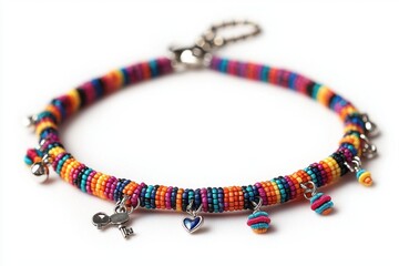 A vibrant and colorful beaded dog collar with charms and bells on a white background, showcasing artisanal craftsmanship and playful design for pet accessories.