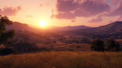 Sunset over rolling hills, golden grass, peaceful landscape, nature background, ideal for travel brochures