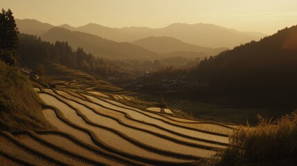 Fototapeta premium Sunset over terraced rice paddies, mountain village, autumnal landscape, peaceful scene, travel photography