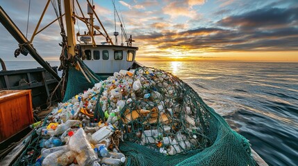 Plastic pollution idea. A fishing boat collects plastic waste at sunset, highlighting ocean pollution.