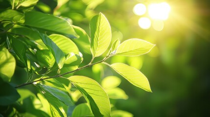Fresh green leaves glisten in the sunlight, capturing the essence of nature and tranquility in a beautifully lit scene.