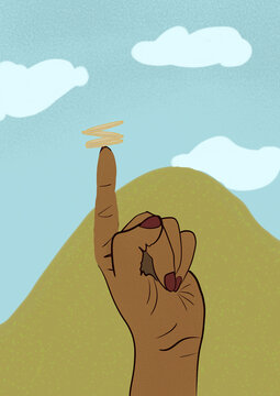 Illustration of a hand balancing coins on a finger against a sky and hill background