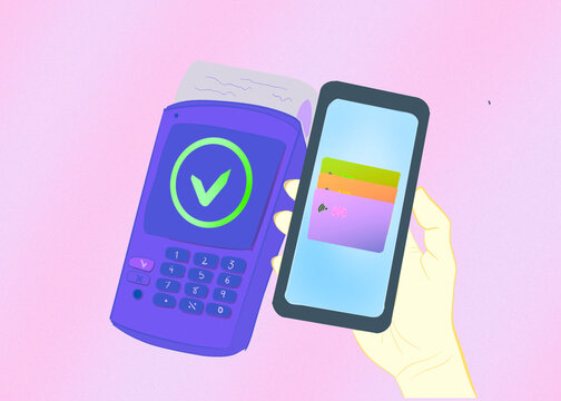 Illustration of contactless payment with smartphone and POS device