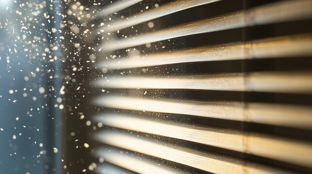 Sunlit dust particles near window blinds, highlighting air pollution and cleanliness.