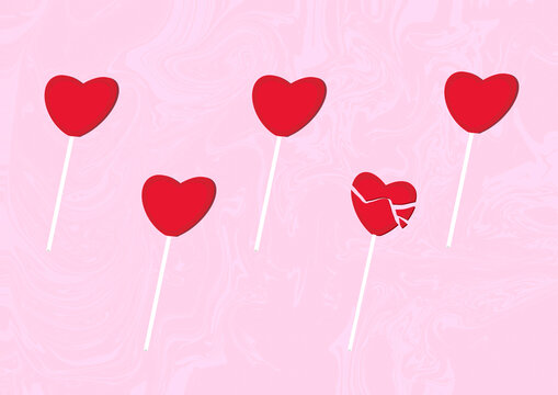 Illustration of heart-shaped lollipops with a broken heart on a pink background