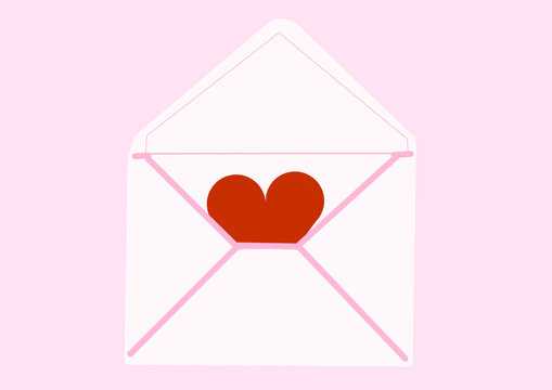 Illustration of an open envelope with a heart symbol on a pink background