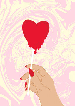 Illustration of a hand holding a heart-shaped lollipop with a swirling pink background representing liquid love concept
