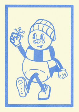 Vintage groovy style illustration of a snowman holding a snowflake