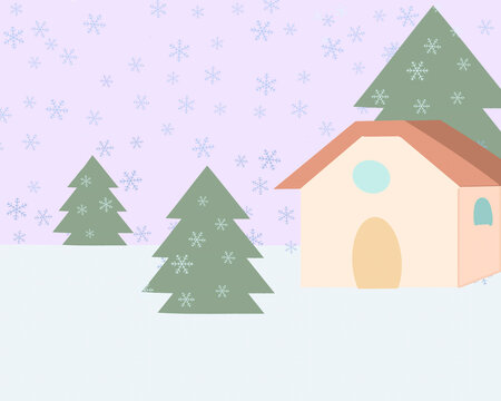 Illustration of a winter scene with a house and pine trees