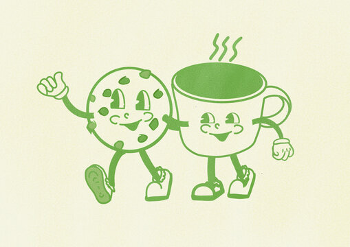 Vintage groovy style illustration of cookie and coffee