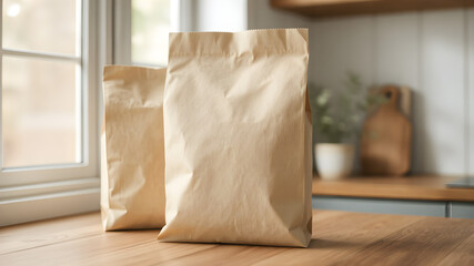 A kraft paper bag mockup with a blank space for branding, standing on a wooden countertop with natural light filtering through, ideal for organic product packaging presentations.