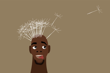 Cartoon illustration of a man with dandelion hair in a whimsical style