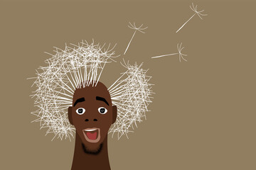 Cartoon illustration of a man with dandelion hair representing hair loss concept