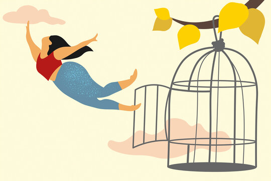 Illustration of a woman flying out of an open cage symbolizing freedom
