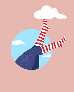 Illustration of playful legs in striped socks touching a cloud in the sky