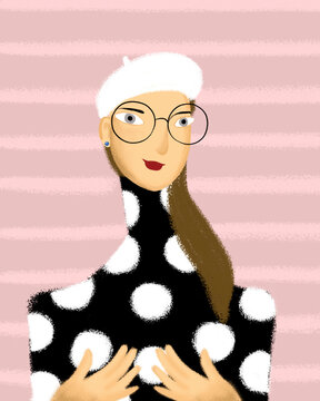 Illustration of a smiling woman in round glasses and beret on a pink background