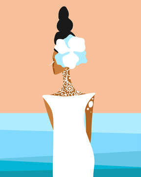 Illustration of a woman in a white dress with a pattern and a flower in her hair standing by the sea
