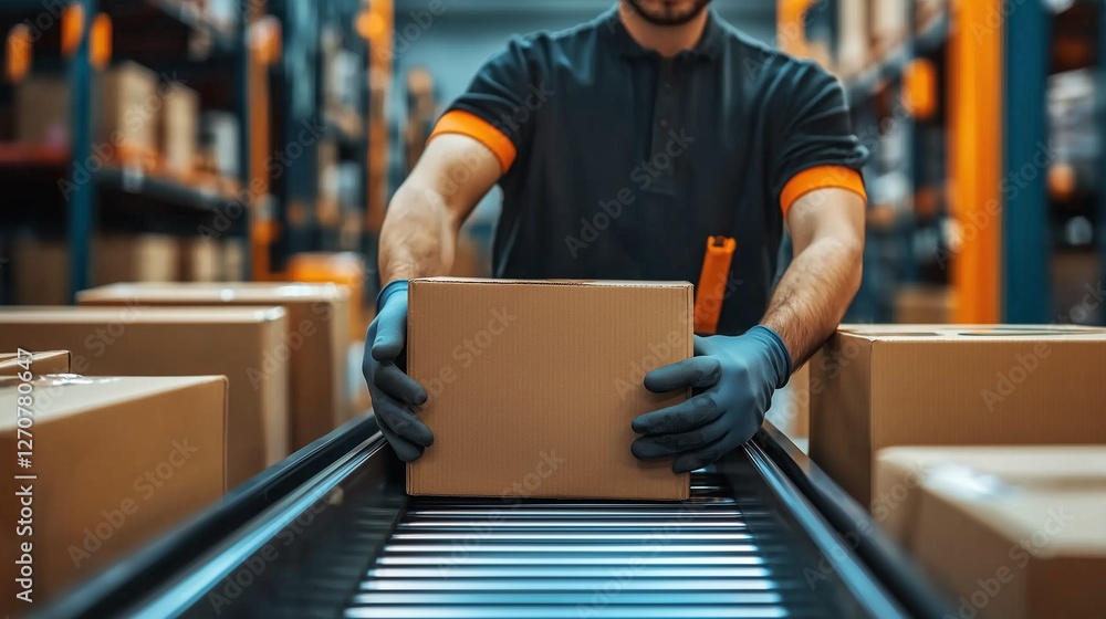 Poster worker handling boxes on a conveyor in a warehouse, illustrating efficiency in material handling.