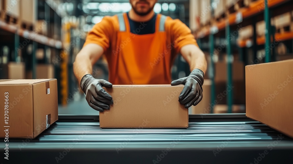 Poster worker handling boxes on a conveyor in a warehouse, symbolizing order fulfillment process.