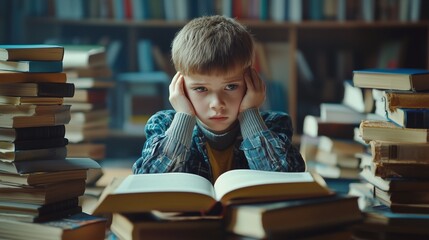 A child surrounded by books looks overwhelmed, symbolizing learning challenges.