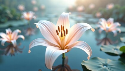 Pristine White Lily with Morning Dew in Soft Natural Light