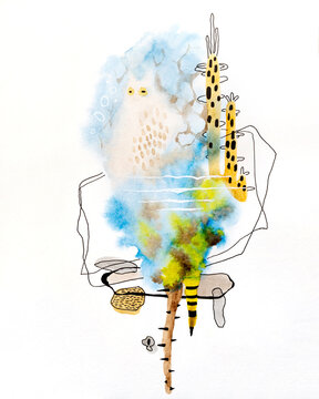 Abstract watercolor drawing with a vague outline of a white bird and blue and green spots