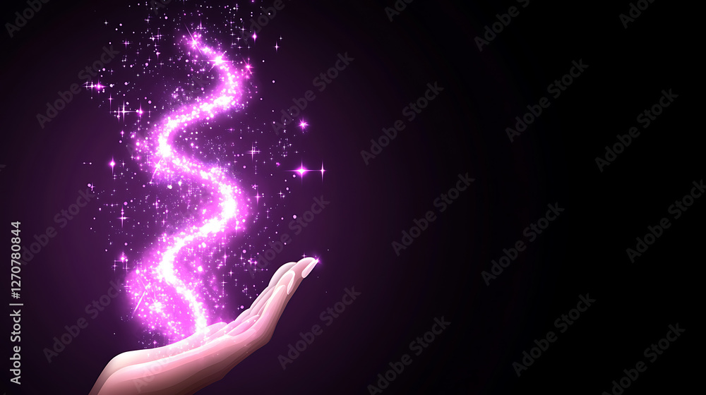 Poster mystical energy emanating from hand with sparkling light and dark background for creative projects