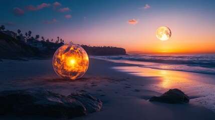 Obraz premium Glowing orb sunset beach; coastal scene, fantasy element