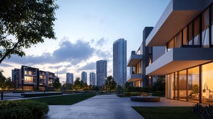 Elegant residential buildings overlook a modern city skyline